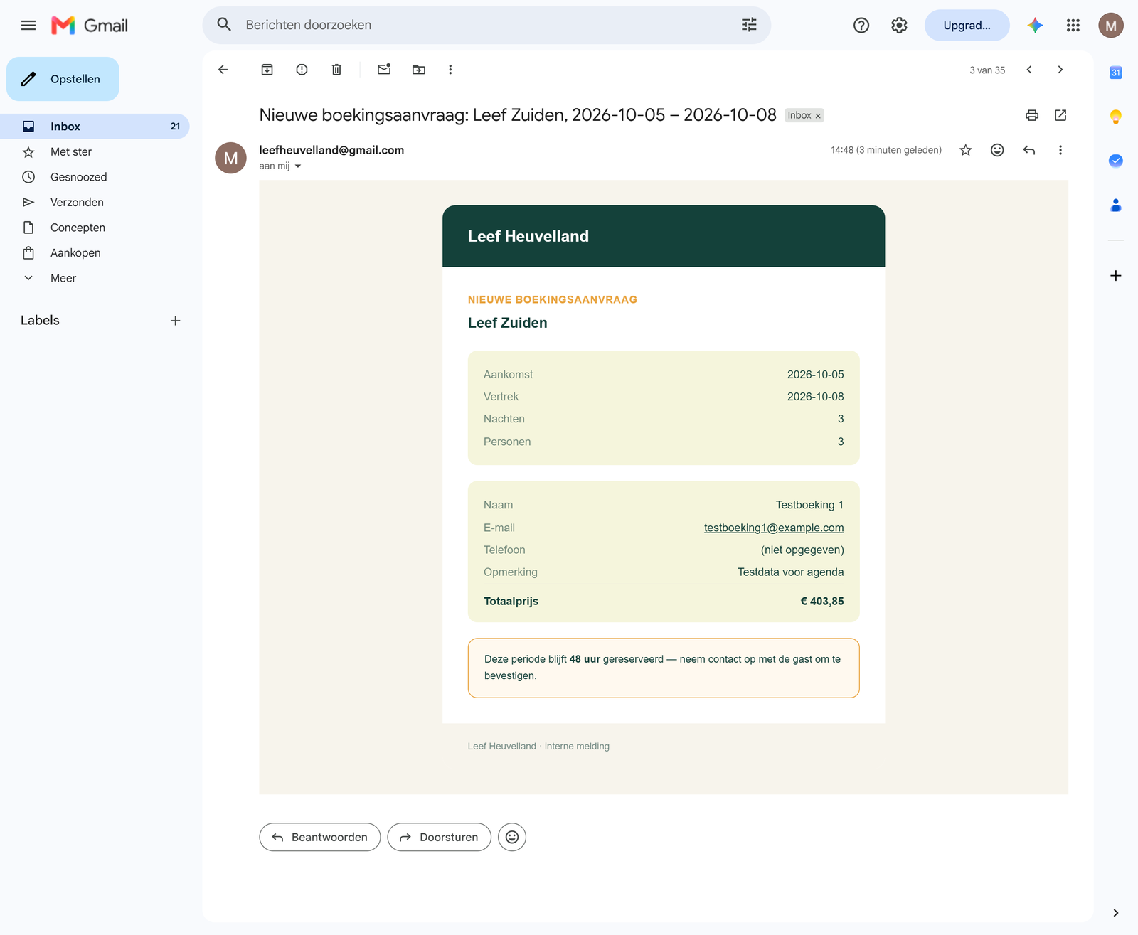 Automatische e-mailmelding bij een nieuwe boekingsaanvraag