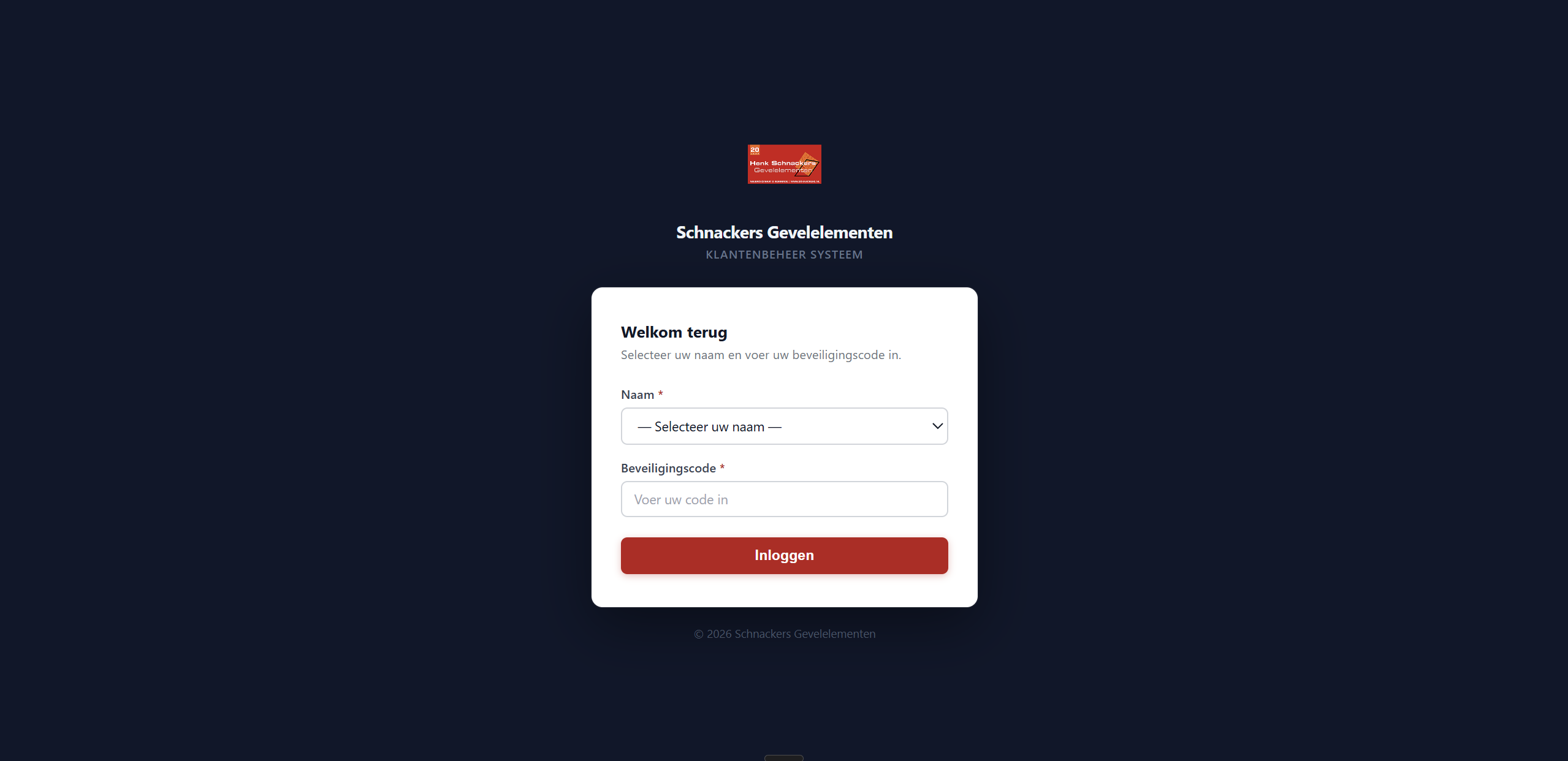 Inlogscherm van HenkCRM met naamkeuze en beveiligingscode