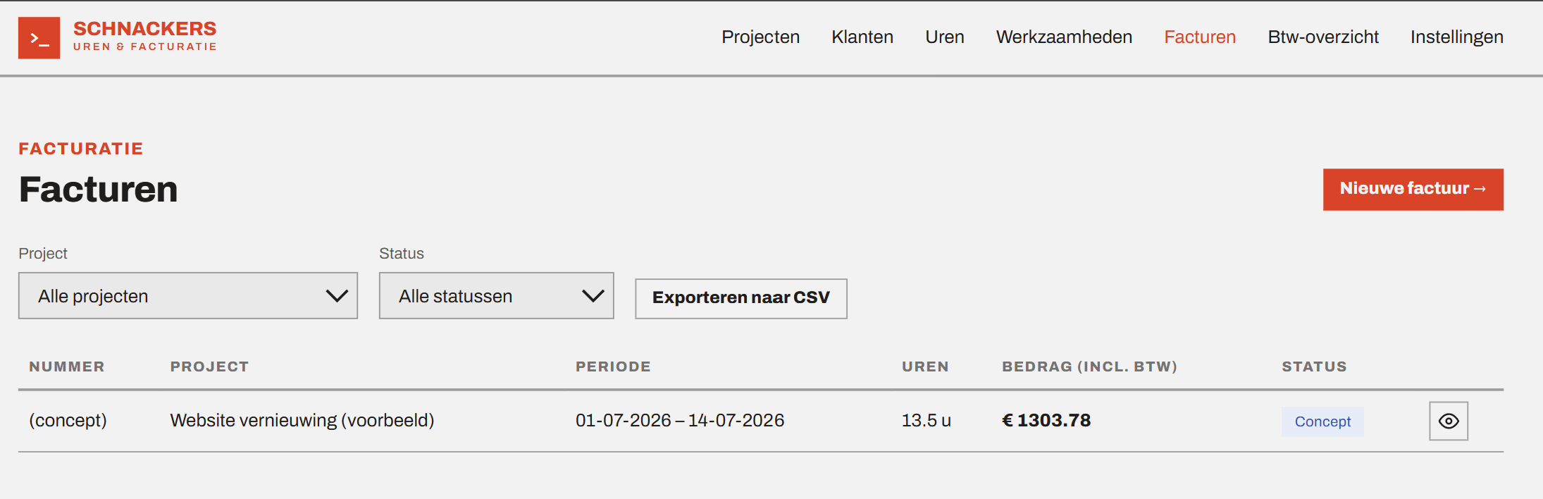 Overzicht van facturen in de urenregistratie-demo